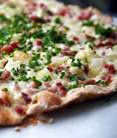 Traditional Alsace tarte flambée, French culinary specialty