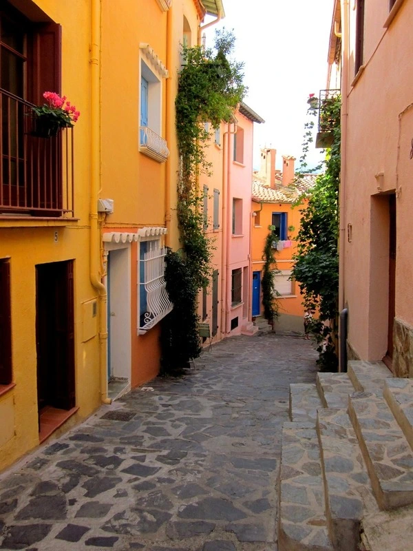 Colorful street in Collioure with traditional houses